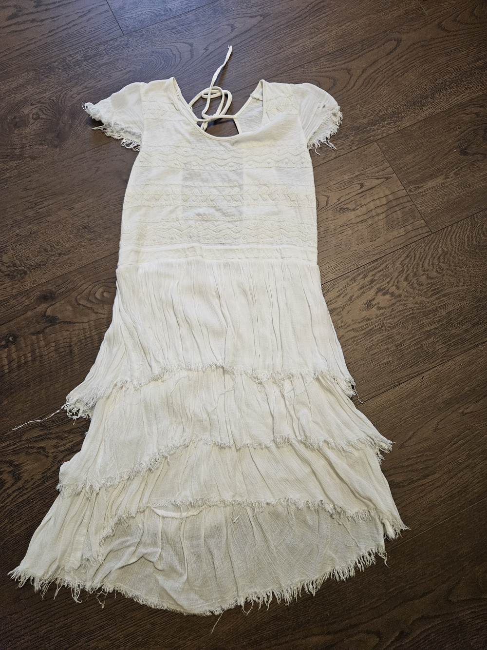 Free People Cream Tiered Lace-Trim Midi Dress with Tie Back